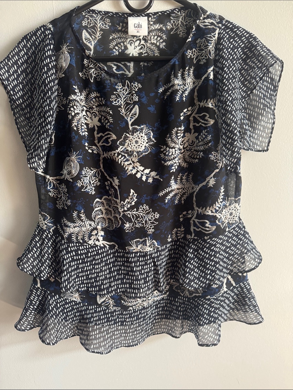 Cabi XS Navy Floral Tiered Ruffle Blouse Sheer Boho Career Top